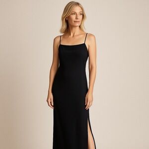 Black Slip Maxi Dress with Cowl Back Modern Side Slit Evening Cocktail | Size 10